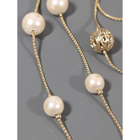 Retro Gold Tone Filigree Ball Faux Pearl Station Chain Long Layering Necklace 36 - Picture 5 of 9